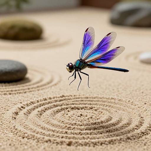 Photograph of a vibrant blue and purple dragonfly with translucent wings, hovering above a sandy Zen garden with circular ripples.