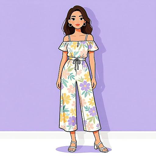 Digital illustration of a brunette woman with medium-length hair, wearing an off-shoulder, floral print jumpsuit, standing against a lavender background. She