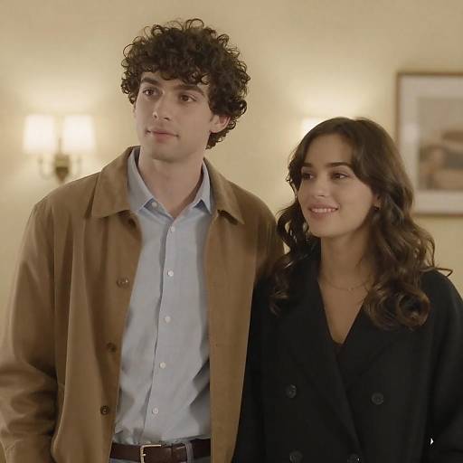 Photograph of a curly-haired young man in a brown jacket and light blue shirt standing beside a smiling woman with long dark hair in a black blouse,