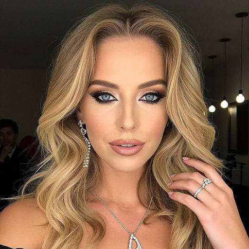 Photograph of a blonde woman with wavy hair, blue eyes, heavy black eyeliner, nude lipstick, silver earrings, ring, and necklace,