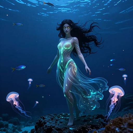 Digital artwork of a glowing, ethereal mermaid with long black hair, wearing a luminous, neon blue dress, surrounded by jellyfish in a