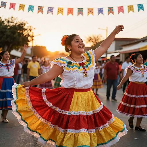 Photograph of a smiling Latina woman dancing in traditional Mexican dress with red, yellow, and white lace, surrounded by colorful banners and sunset backdrop.