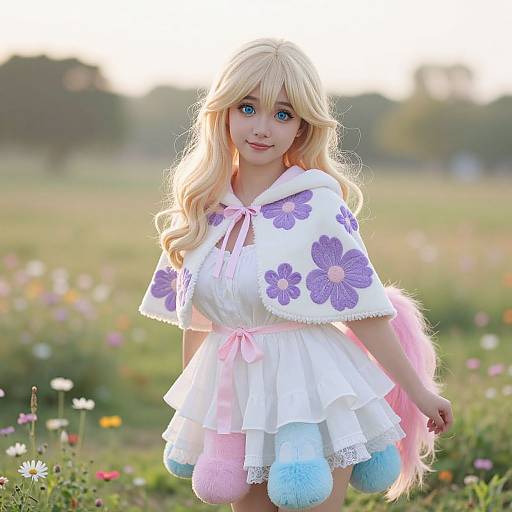 Photograph of a blonde woman with blue eyes, wearing a white dress and purple flowered cape, holding pink and blue pom-poms, standing in