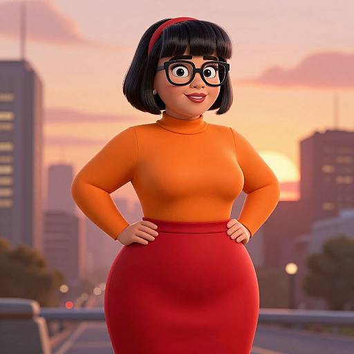 Digital 3D cartoon of Velma from Scooby-Doo, with black bob, glasses, orange turtleneck, red skirt, hands on