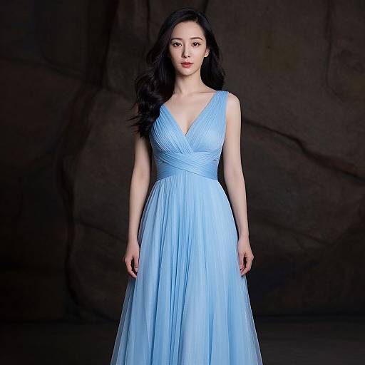 Photograph of an Asian woman with long black hair, wearing a light blue, sleeveless, V-neck, pleated gown, standing against a dark