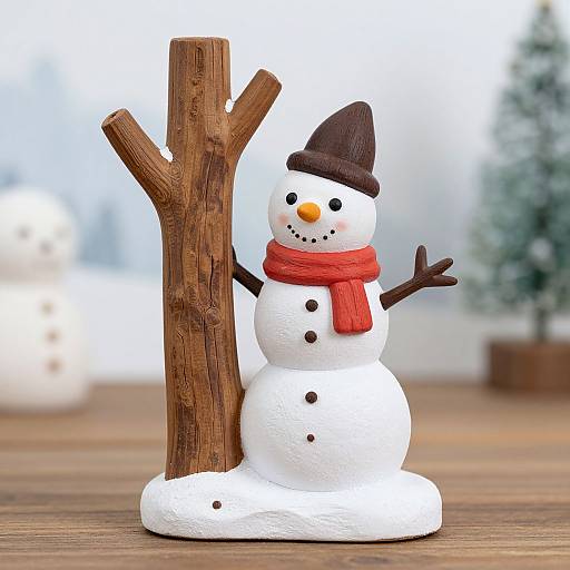 Photograph of a wooden tree-shaped snowman ornament with a red scarf, black hat, and orange carrot nose, standing on a wooden surface.