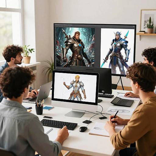 Four men in casual clothes, seated around a white desk, designing fantasy video game characters on three monitors, bright room with window.