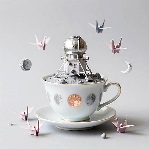 Miniature Lunar Observatory in Teacup with Paper Cranes