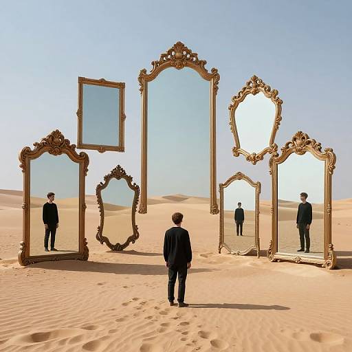 Photograph of a man in a black suit standing in a desert, facing six large, ornate, gold-framed mirrors reflecting his image. Clear