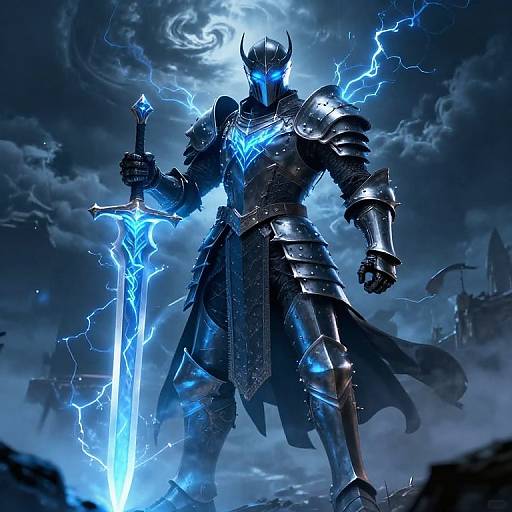 Digital art of a blue-glowing, armored knight with a lightning-enchanted sword, standing in a stormy, cloud-filled, medieval landscape