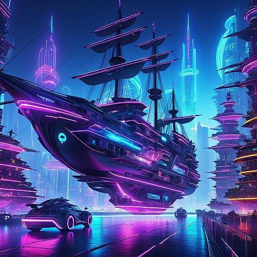 Neon Pirate Ship in Futuristic City