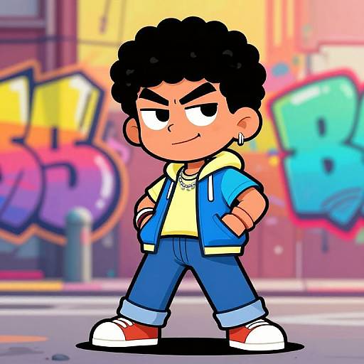Digital cartoon of a confident, curly-haired boy with tan skin, wearing a blue hoodie, yellow shirt, jeans, and red sneakers, standing in a