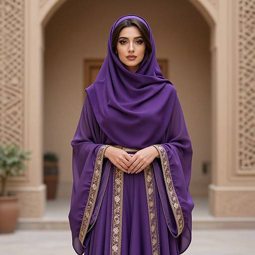 Photograph of a beautiful South Asian woman with fair skin, dark eyes, and black hair, wearing a purple hijab and traditional embroidered dress, standing