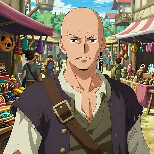 Bald Pirate in Vibrant Market