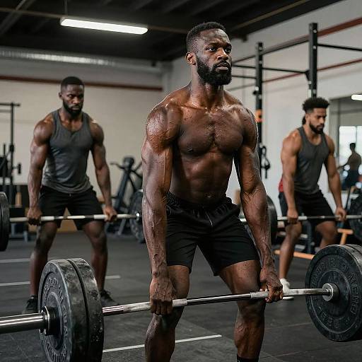 Photograph of three muscular Black men lifting heavy barbells in a gym, sweat glistening on their defined, toned bodies.