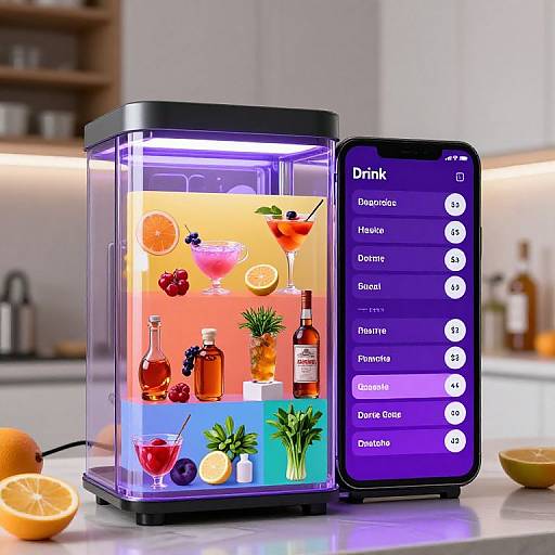 Photograph of a glowing, transparent cocktail machine with colorful drinks, fruits, and herbs, next to a smartphone displaying a drink menu. Background: modern