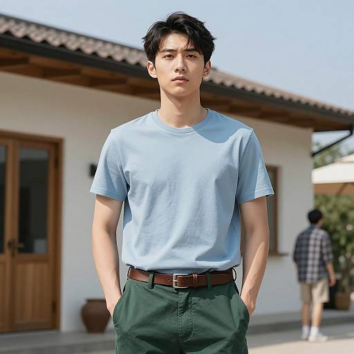 Young Man in Light Blue T-Shirt Outdoors