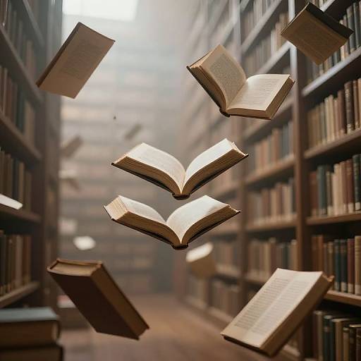 Photograph: Floating open books in a misty, dimly lit library aisle with tall, wooden bookshelves on both sides.