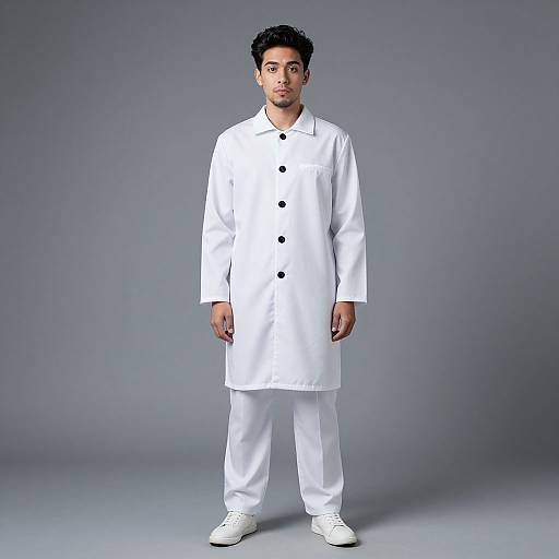 Photograph of a young man with short black hair, wearing a white double-breasted chef coat, white pants, and white shoes, standing against a