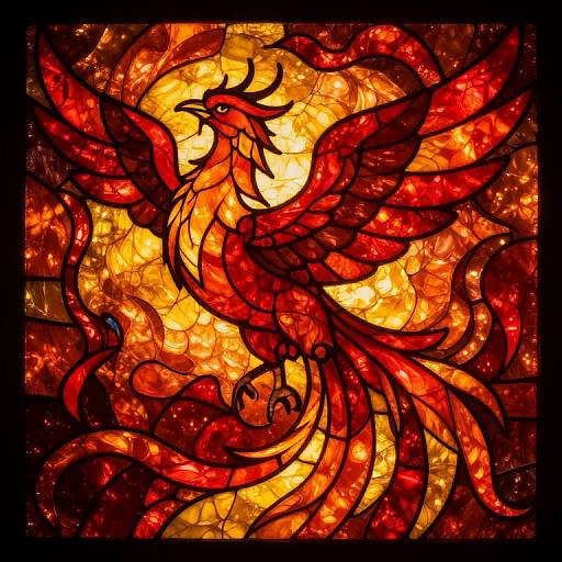 Vibrant stained glass artwork of a fiery red phoenix with outstretched wings and intricate tail, set against a glowing yellow background.
