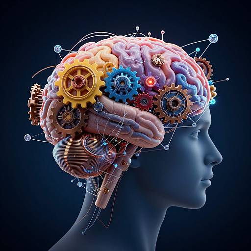 Digital CGI of a blue-toned human head profile, featuring colorful gears and cogs integrated into the brain, set against a dark blue background.