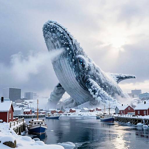 Photograph of a massive, snow-covered whale sculpture rising from a snowy coastal harbor with red buildings, boats, and a cloudy sky.