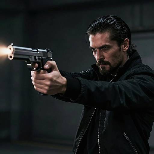 Moody Man Aiming Glowing Handgun