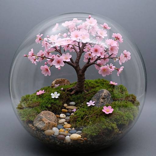 Photograph of a glass snow globe containing a cherry blossom tree with pink and white flowers, moss, and pebbles.
