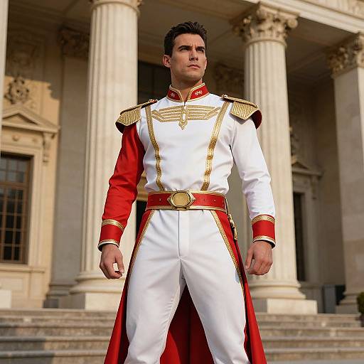 Photorealistic image of a stern-looking man in a white and red military-style uniform with gold epaulettes, standing in front of a grand