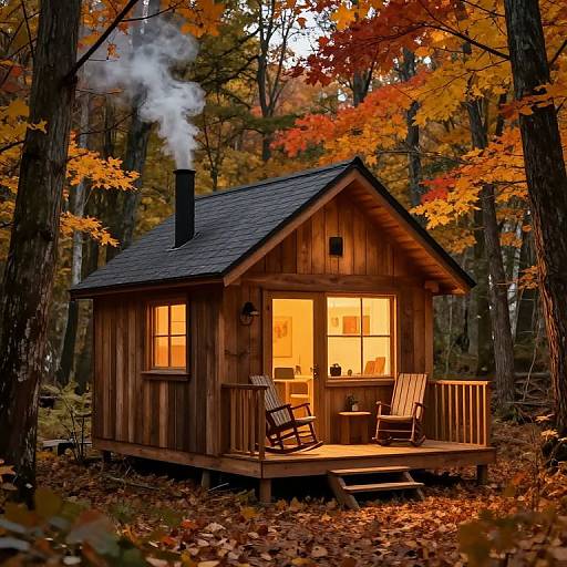 Photograph of a cozy wooden cabin with glowing windows, smoke rising from chimney, surrounded by autumn-colored trees and fallen leaves.