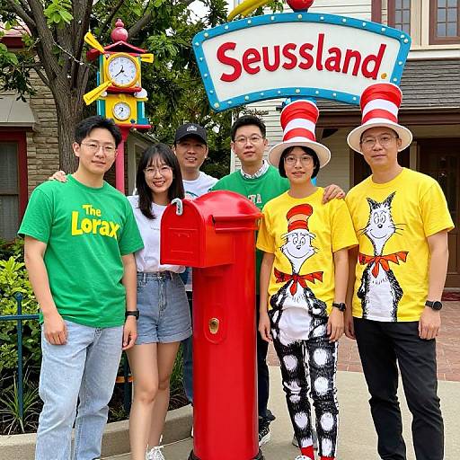 Photograph of six Asian adults in Seuss-themed attire, standing in front of a 