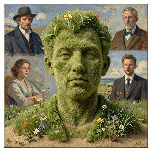 Digital artwork blending a realistic, moss-covered human face statue with painted portraits of an older man, a woman, and a younger man. Floral background,