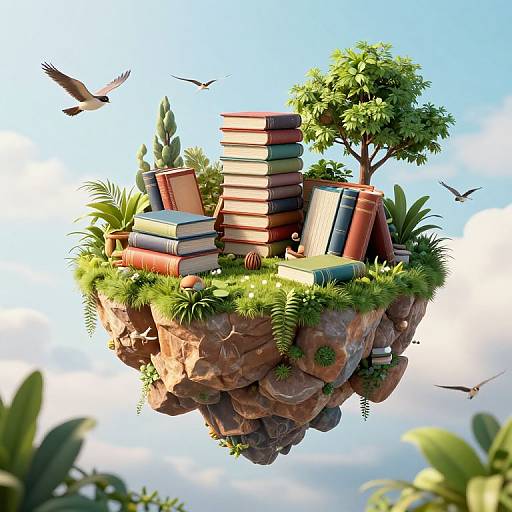 Digital illustration of a floating rock island with tall stacks of colorful books, lush greenery, a tree, and birds against a bright blue sky.
