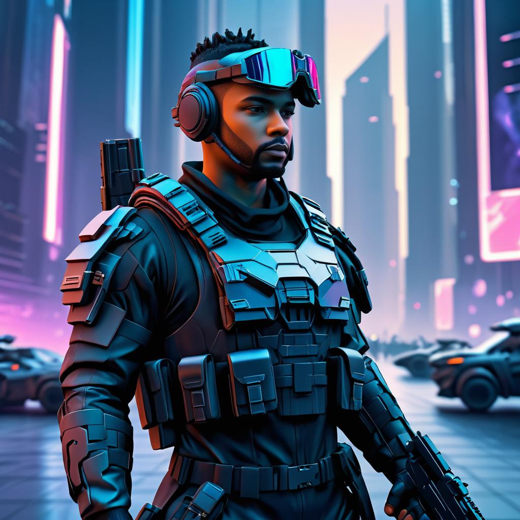 Futuristic Soldier in Cyberpunk City