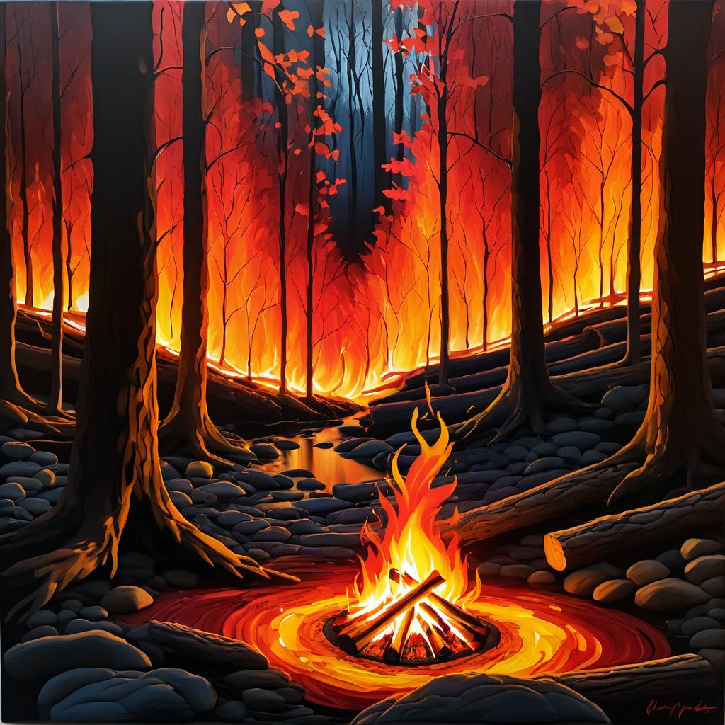 Vivid Campfire Painting in Woodland Setting