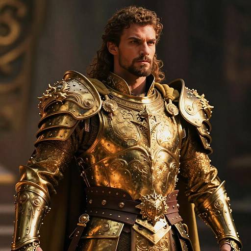 Photograph of a muscular, bearded man with long brown hair, wearing ornate, golden medieval armor, standing in a dimly lit, orn