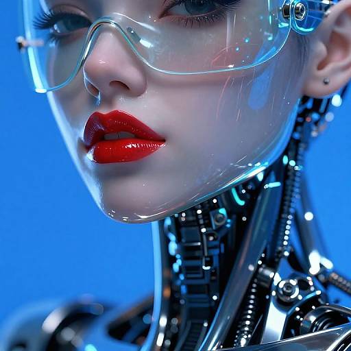 Close-up photograph of a pale-skinned woman with red lips, wearing a transparent plastic helmet and shiny black robotic neck, against a blue background. Fut