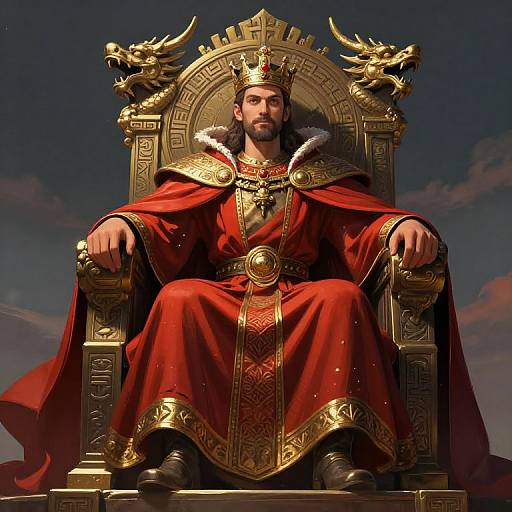 Digital artwork of a bearded man in a gold crown and red royal robe, sitting on an ornate dragon-adorned throne against a dark,