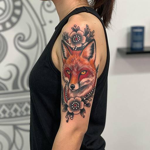Stylized Fox Tattoo on Woman's Upper Arm