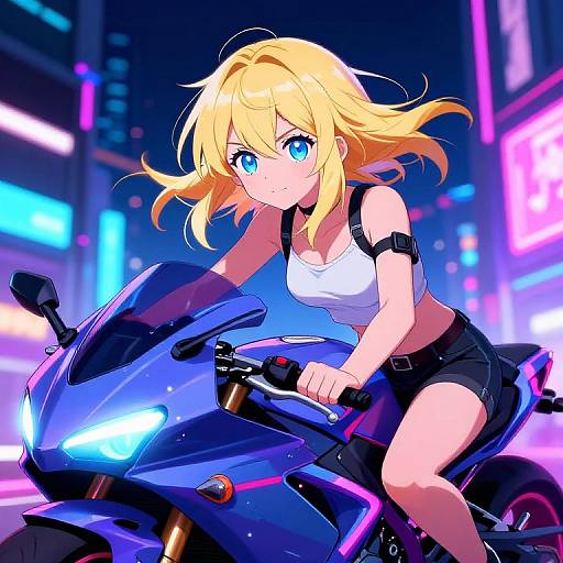 Anime-style digital drawing of a blonde, blue-eyed woman with medium breasts, wearing a white tank top and black shorts, riding a neon-lit blue