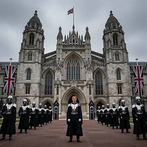 Photograph of a woman in a black dress with white collar, standing center, flanked by uniformed Guards in front of a grand Gothic-style stone