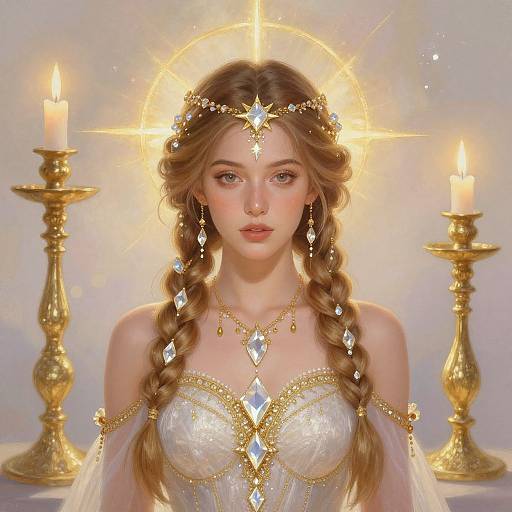 Digital painting of a fair-skinned, blue-eyed woman with braided brown hair, wearing a golden headpiece and diamond-encrusted white gown