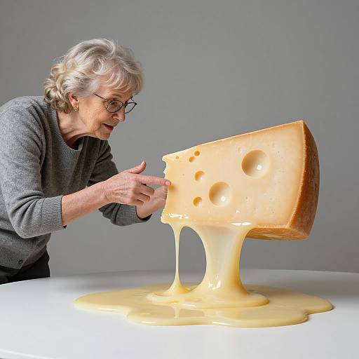 Photograph of an elderly woman with short gray hair and glasses, wearing a gray sweater, examining a large, melting Swiss cheese slice on a white table