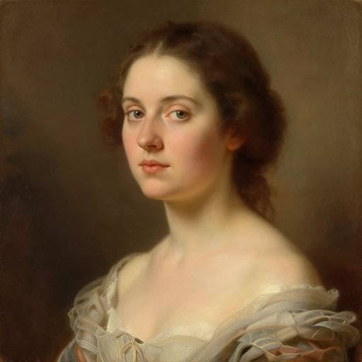 Classical portrait painting of a pale-skinned woman with brown curly hair, soft expression, and delicate features, wearing a sheer, off-shoulder
