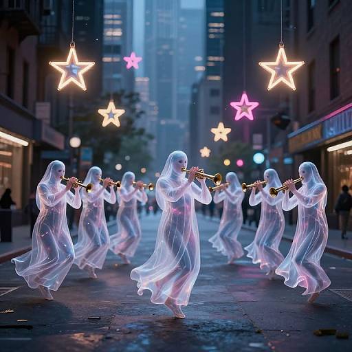 Photograph of glowing white ghostly women playing flutes on a city street at night, illuminated by hanging neon stars.