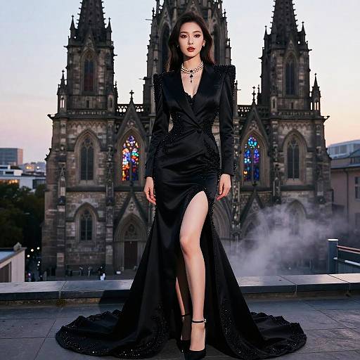 Obsidian Tuxedo-Gown on Neo-Gothic Rooftop