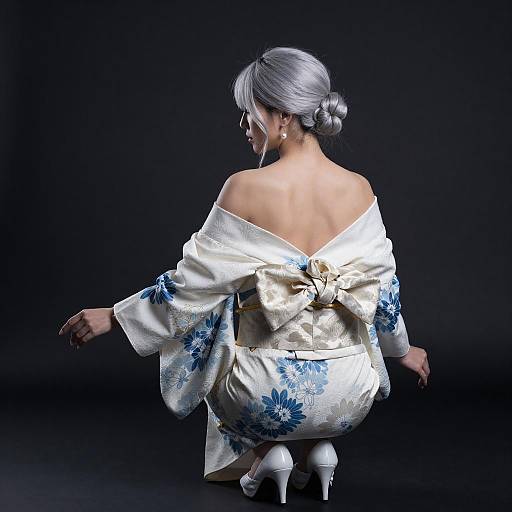 Woman in White Floral Kimono Squatting
