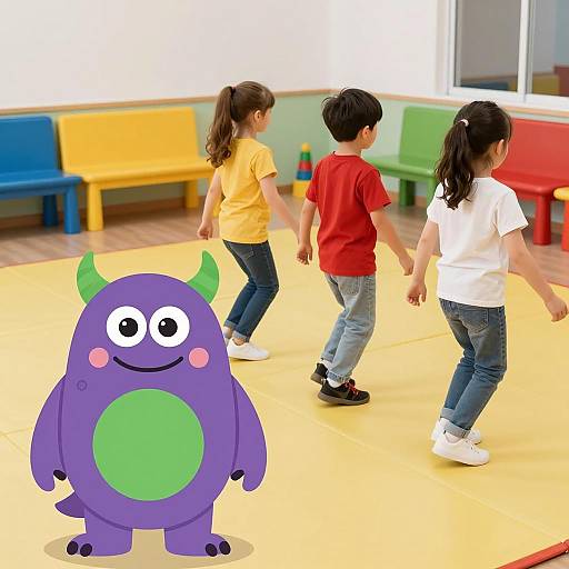 Children Dancing with Playful Cartoon Monster
