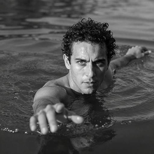 Curly-Haired Man Reaching Through Dark Water