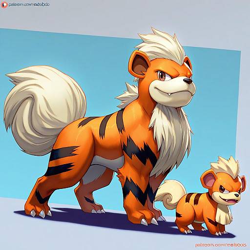 Illustration of Growlithe, pokemon in the style of Rejean dubois